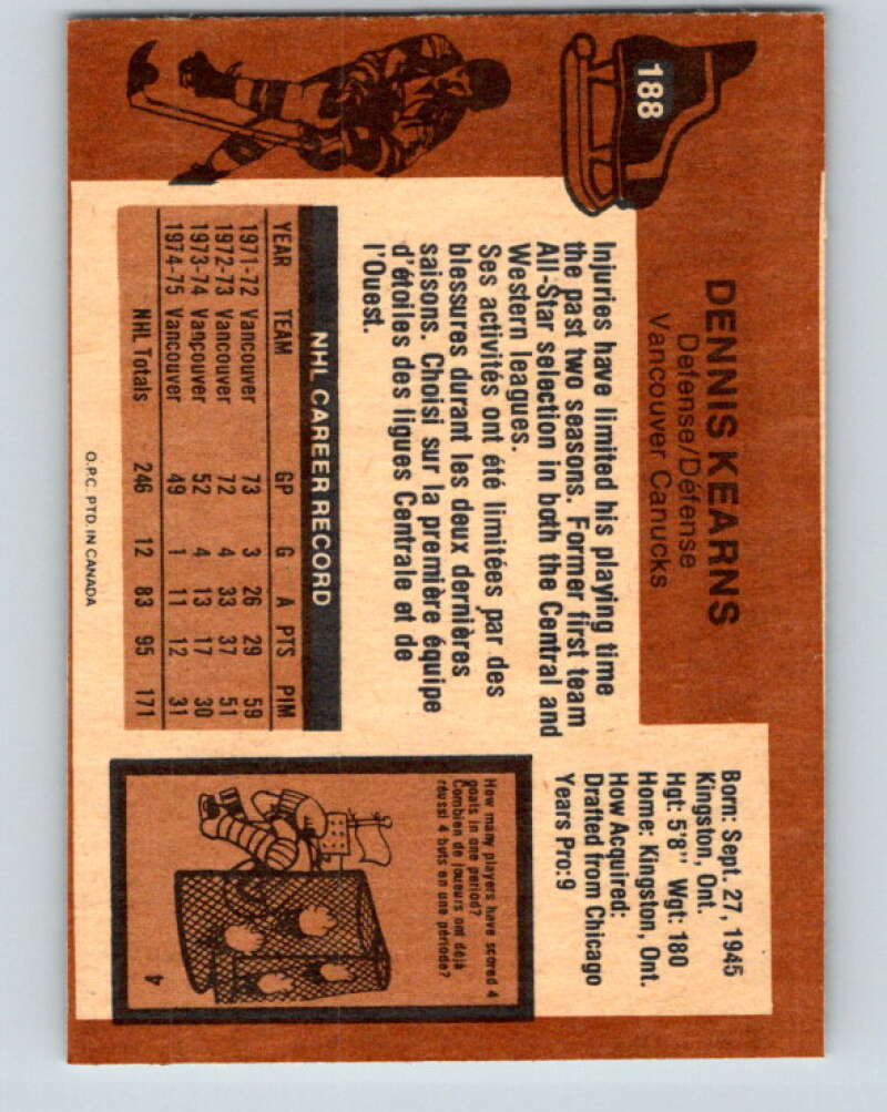 1975-76 O-Pee-Chee #188 Dennis Kearns Vancouver Canucks V5998