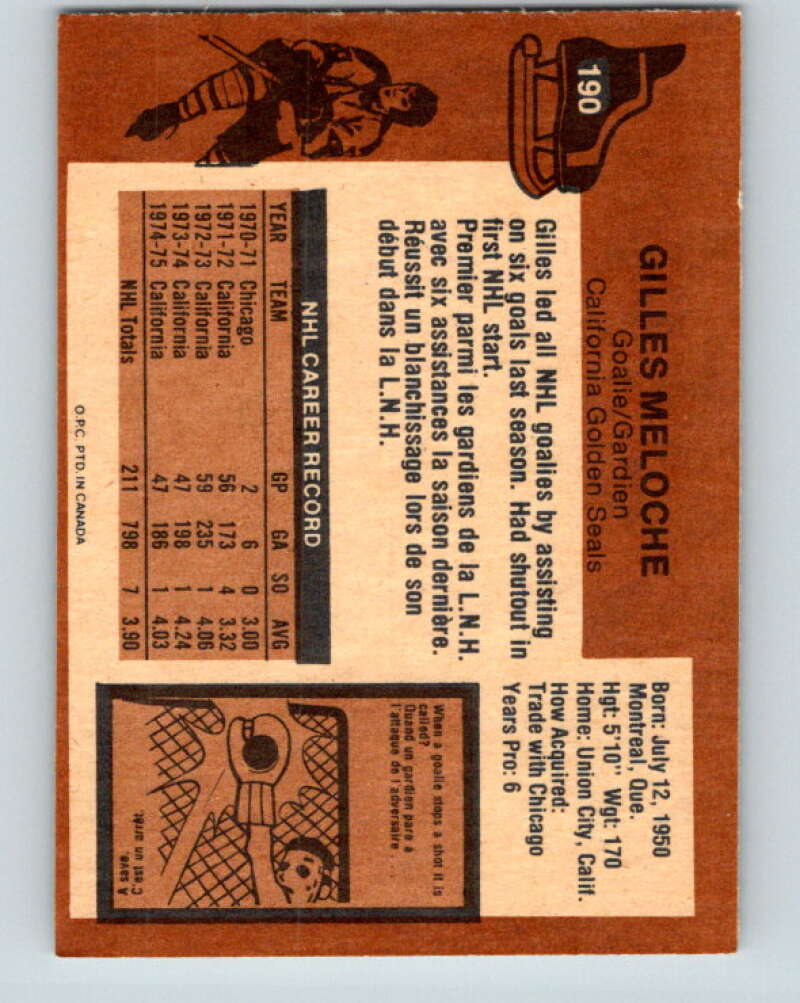 1975-76 O-Pee-Chee #190 Gilles Meloche California Golden Seals V6002