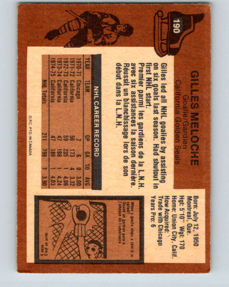 1975-76 O-Pee-Chee #190 Gilles Meloche California Golden Seals V6003