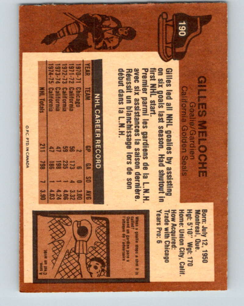1975-76 O-Pee-Chee #190 Gilles Meloche California Golden Seals V6004