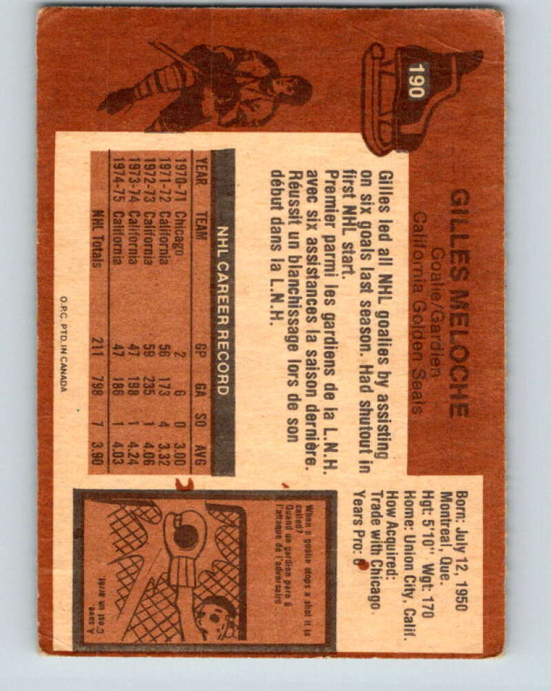 1975-76 O-Pee-Chee #190 Gilles Meloche California Golden Seals V6005