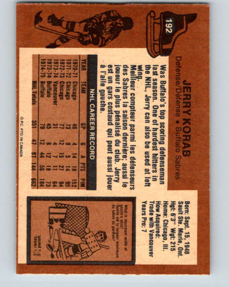 1975-76 O-Pee-Chee #192 Jerry Korab Buffalo Sabres V6010