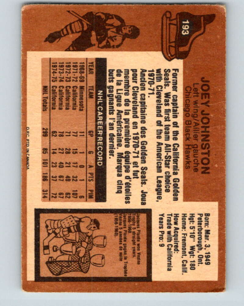 1975-76 O-Pee-Chee #193 Joey Johnston Chicago Blackhawks V6014