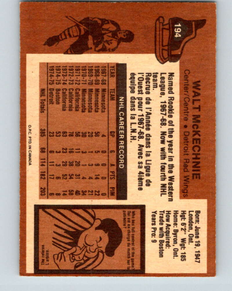 1975-76 O-Pee-Chee #194 Walt McKechnie Detroit Red Wings V6016