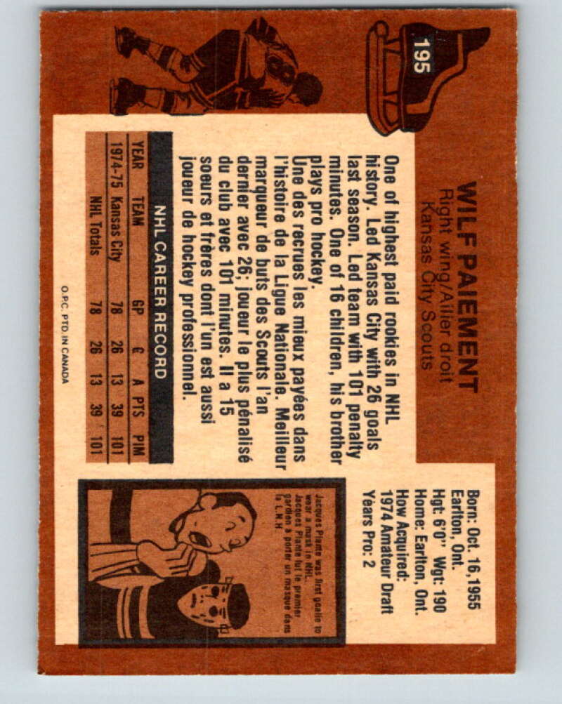 1975-76 O-Pee-Chee #195 Wilf Paiement Kansas City Scouts V6020