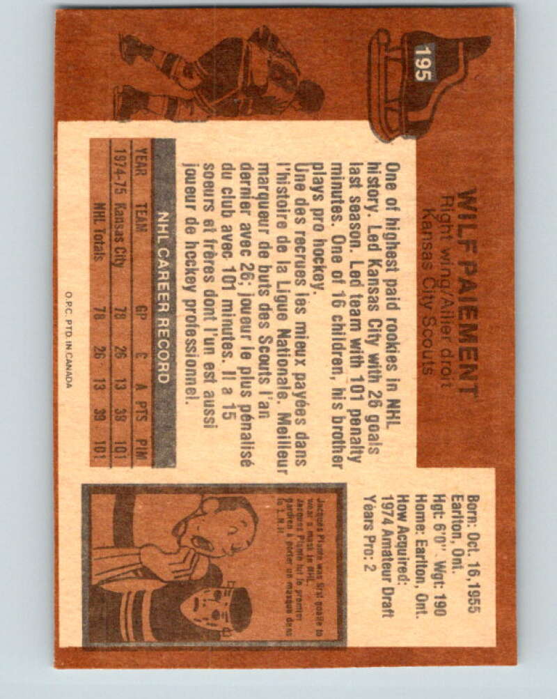 1975-76 O-Pee-Chee #195 Wilf Paiement Kansas City Scouts V6021