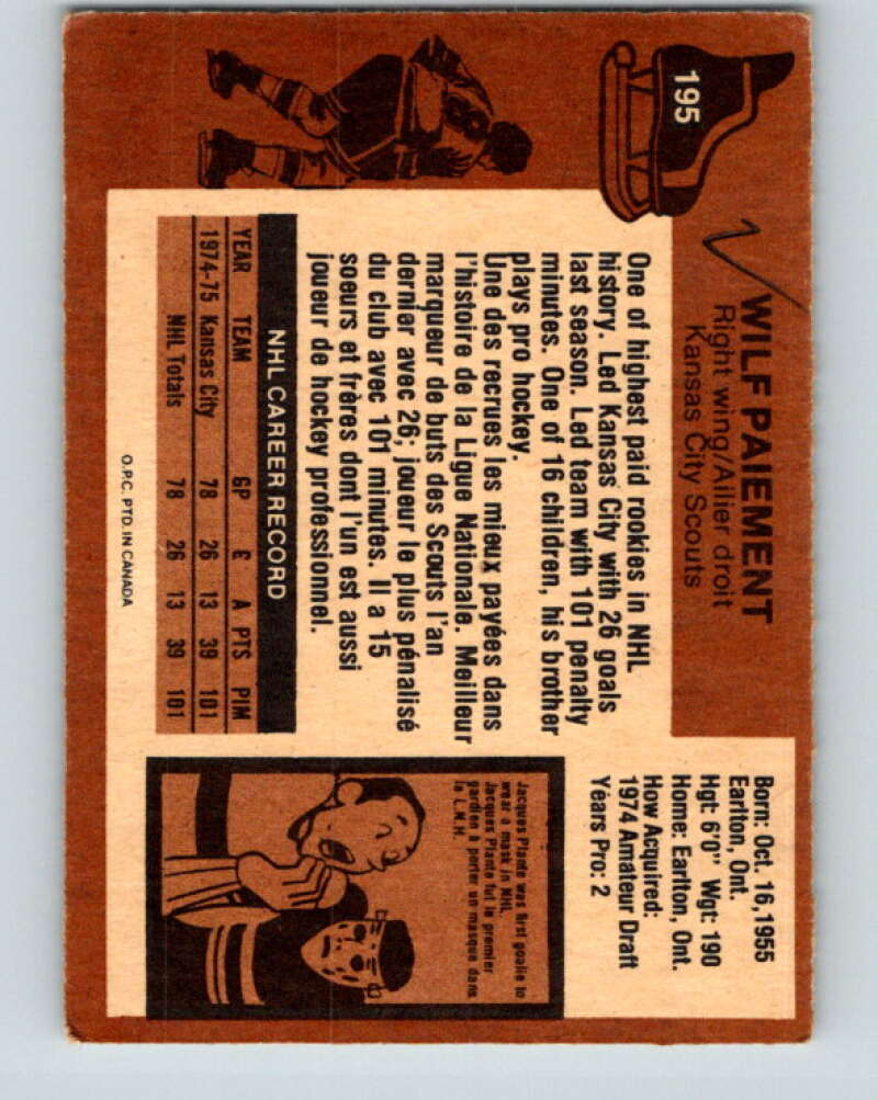 1975-76 O-Pee-Chee #195 Wilf Paiement Kansas City Scouts V6022
