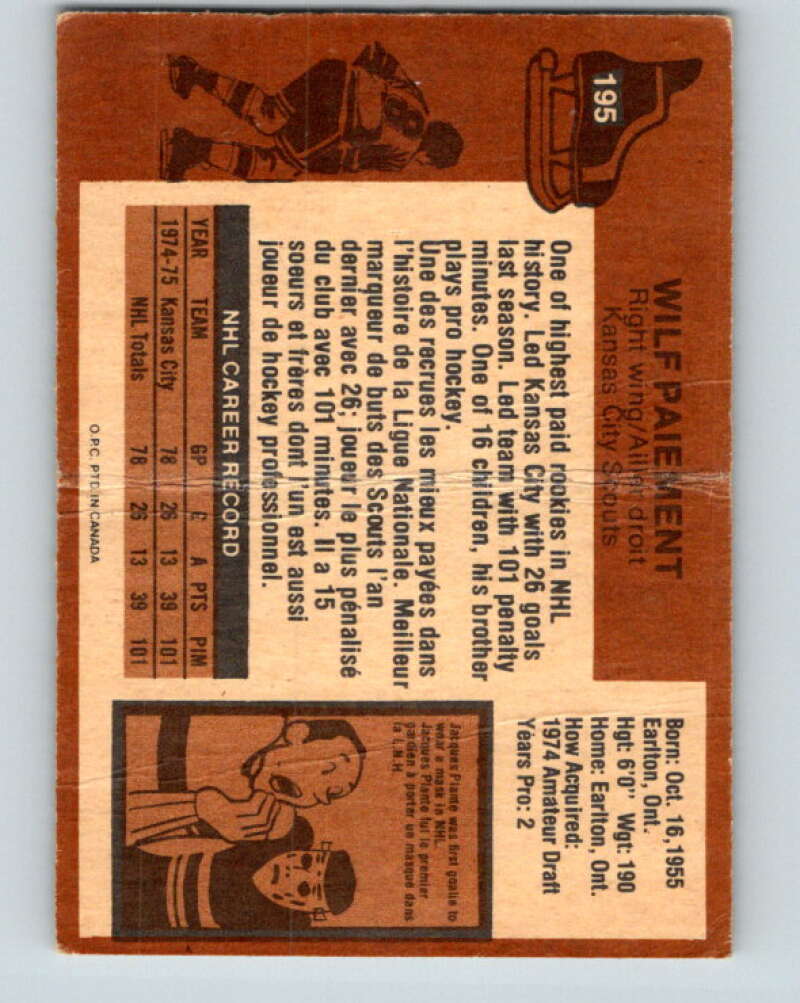 1975-76 O-Pee-Chee #195 Wilf Paiement Kansas City Scouts V6023