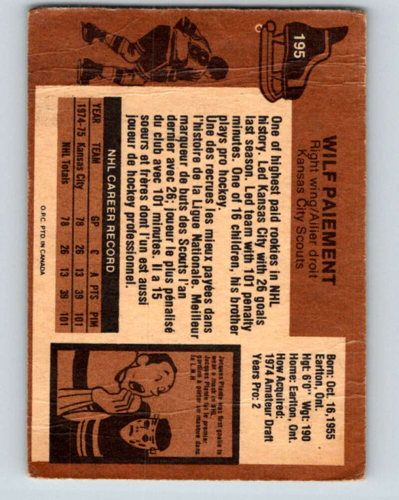 1975-76 O-Pee-Chee #195 Wilf Paiement Kansas City Scouts V6024
