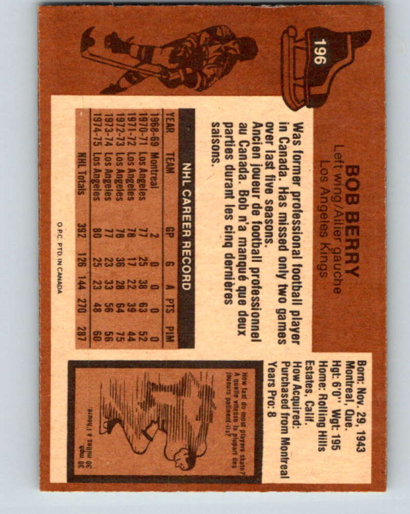 1975-76 O-Pee-Chee #196 Bob Berry Los Angeles Kings V6028