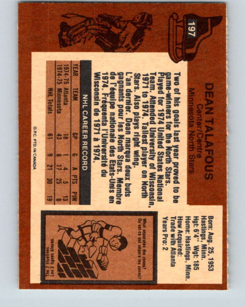 1975-76 O-Pee-Chee #197 Dean Talafous RC Rookie Minnesota North Stars V6030