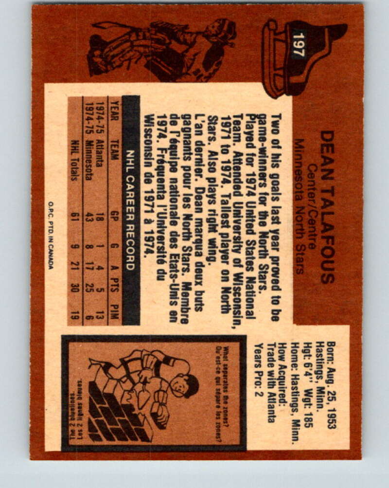 1975-76 O-Pee-Chee #197 Dean Talafous RC Rookie Minnesota North Stars V6031