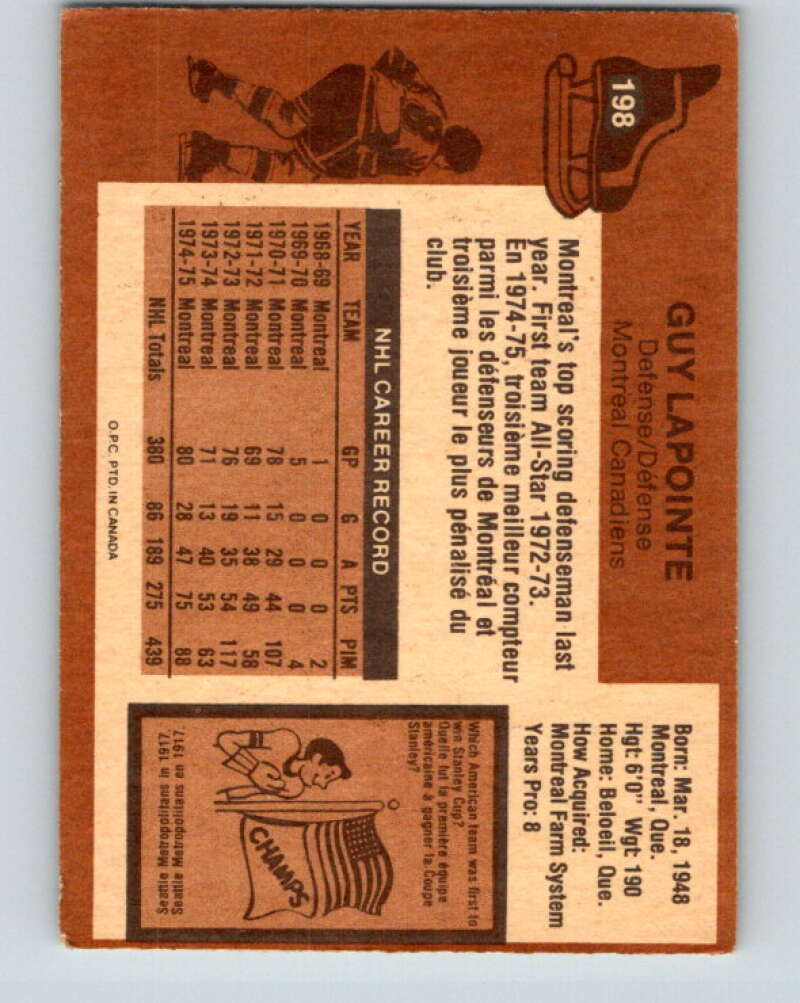 1975-76 O-Pee-Chee #198 Guy Lapointe Montreal Canadiens V6033