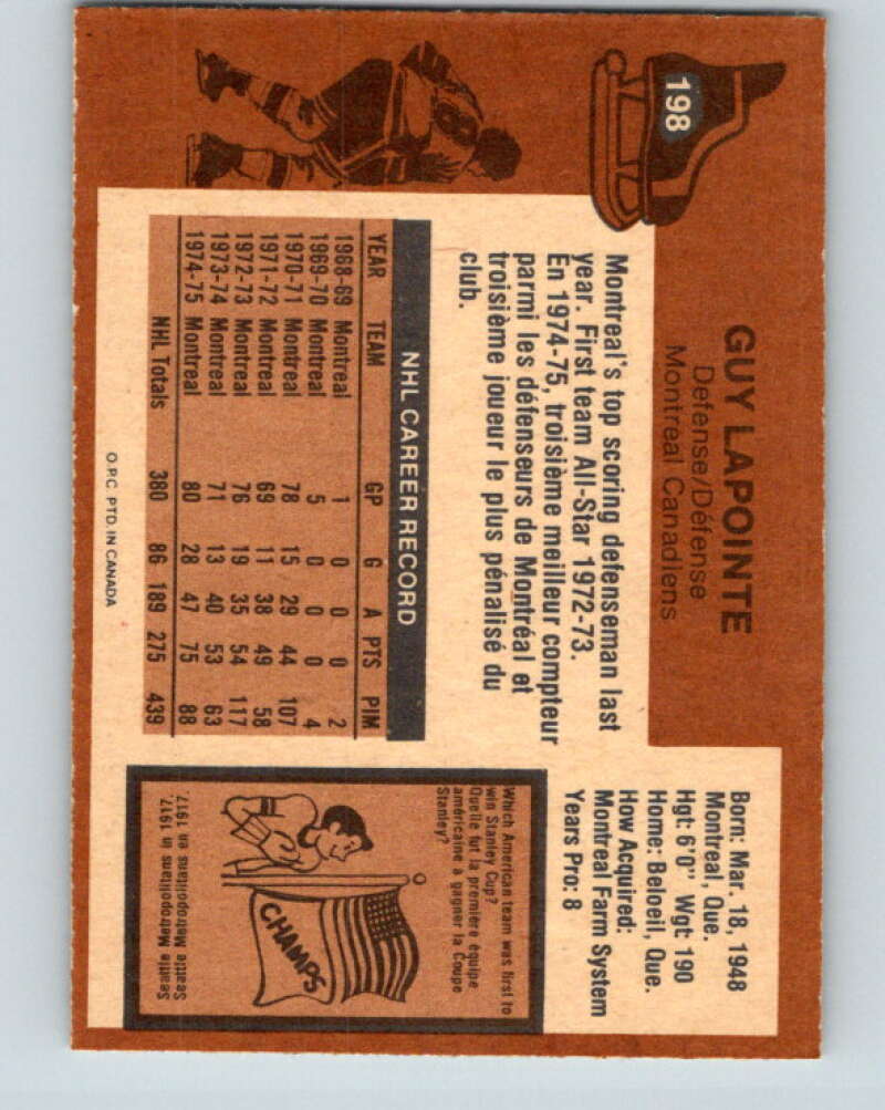 1975-76 O-Pee-Chee #198 Guy Lapointe Montreal Canadiens V6034