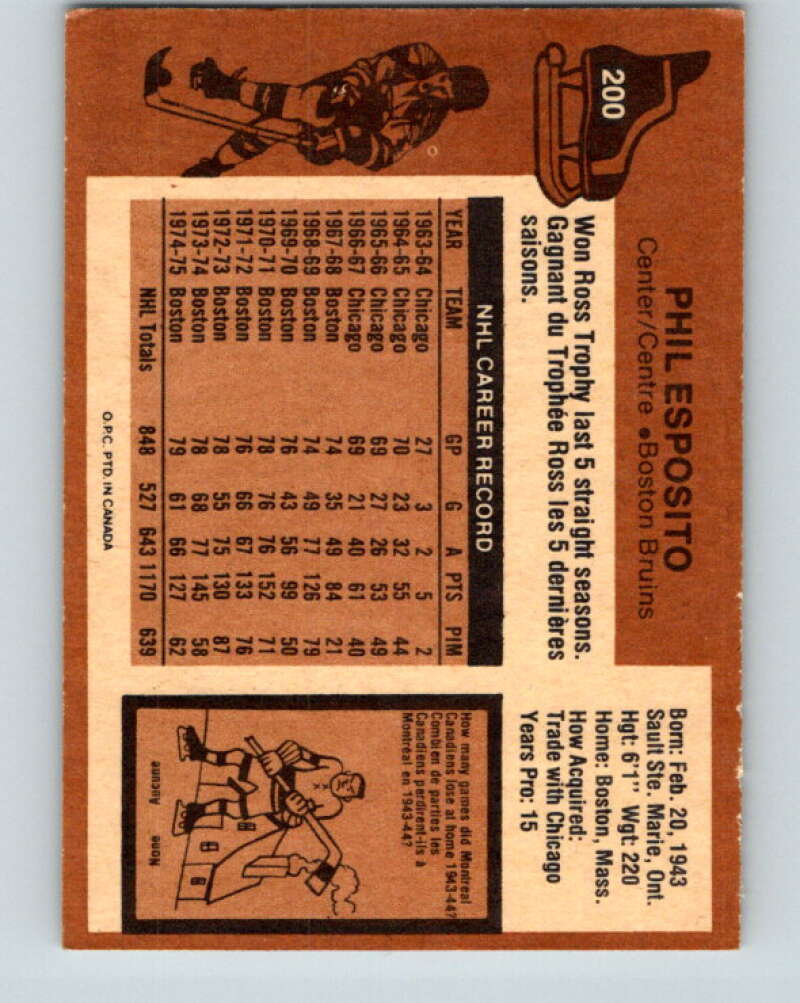 1975-76 O-Pee-Chee #200 Phil Esposito Boston Bruins V6036