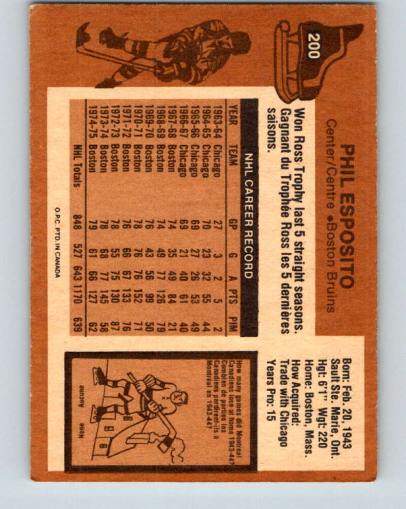 1975-76 O-Pee-Chee #200 Phil Esposito Boston Bruins V6037