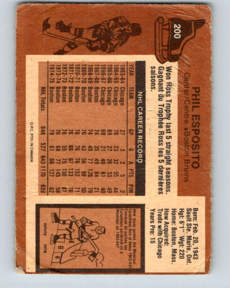 1975-76 O-Pee-Chee #200 Phil Esposito Boston Bruins V6039