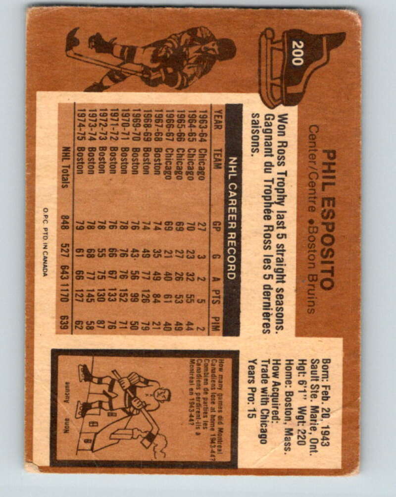1975-76 O-Pee-Chee #200 Phil Esposito Boston Bruins V6040