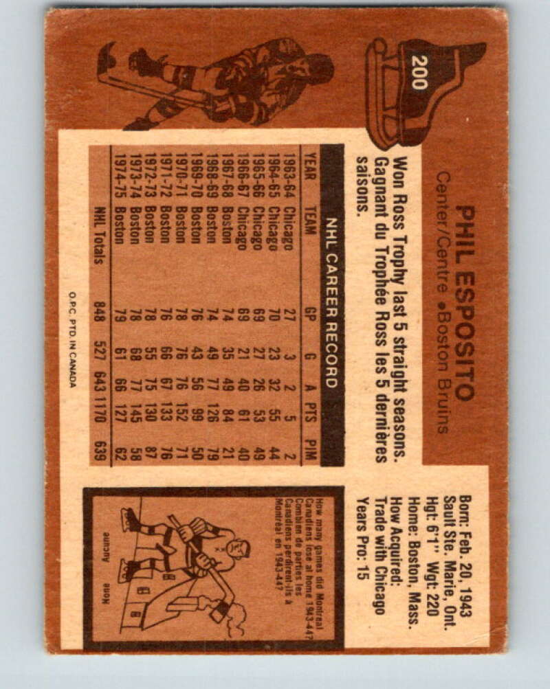 1975-76 O-Pee-Chee #200 Phil Esposito Boston Bruins V6041