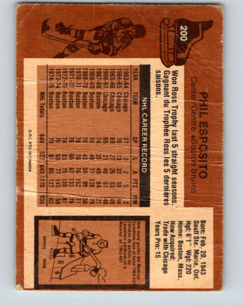 1975-76 O-Pee-Chee #200 Phil Esposito Boston Bruins V6042