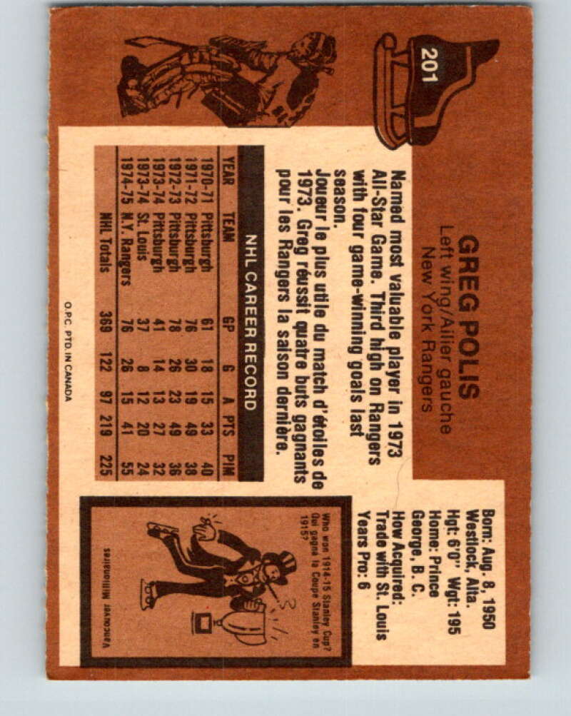 1975-76 O-Pee-Chee #201 Greg Polis New York Rangers V6044