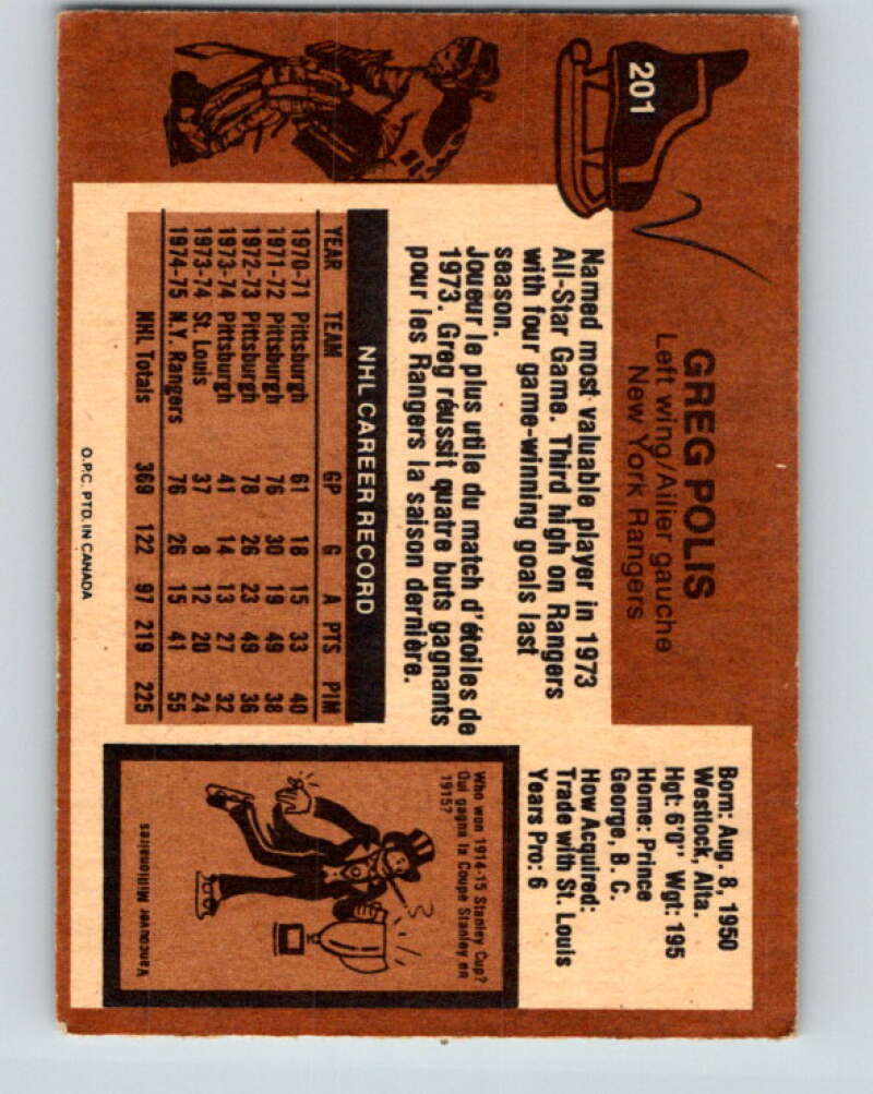 1975-76 O-Pee-Chee #201 Greg Polis New York Rangers V6045