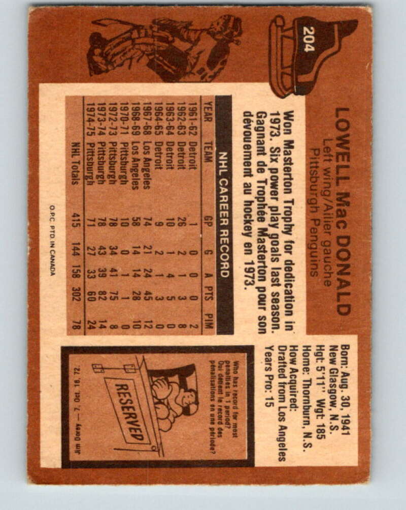 1975-76 O-Pee-Chee #204 Lowell MacDonald Pittsburgh Penguins V6055