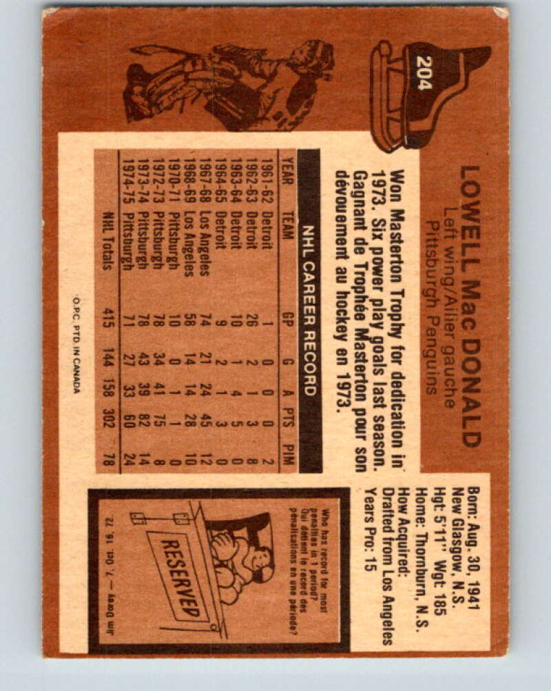 1975-76 O-Pee-Chee #204 Lowell MacDonald Pittsburgh Penguins V6057