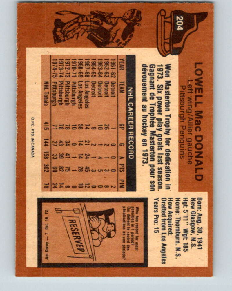1975-76 O-Pee-Chee #204 Lowell MacDonald Pittsburgh Penguins V6058
