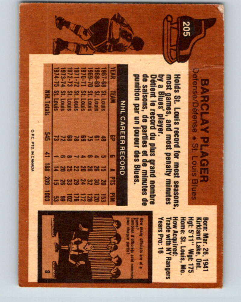 1975-76 O-Pee-Chee #205 Barclay Plager St. Louis Blues V6062