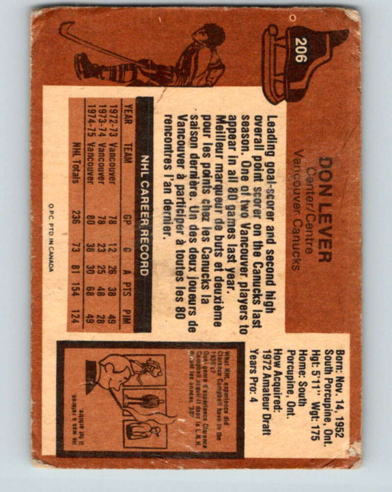 1975-76 O-Pee-Chee #206 Don Lever Vancouver Canucks V6065