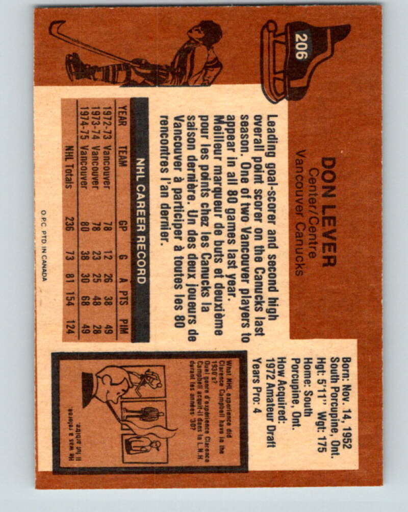 1975-76 O-Pee-Chee #206 Don Lever Vancouver Canucks V6066
