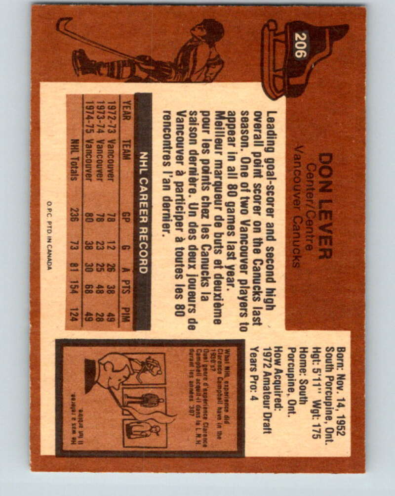 1975-76 O-Pee-Chee #206 Don Lever Vancouver Canucks V6067