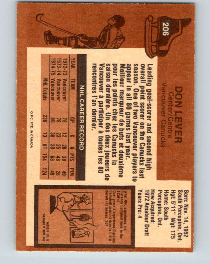 1975-76 O-Pee-Chee #206 Don Lever Vancouver Canucks V6068