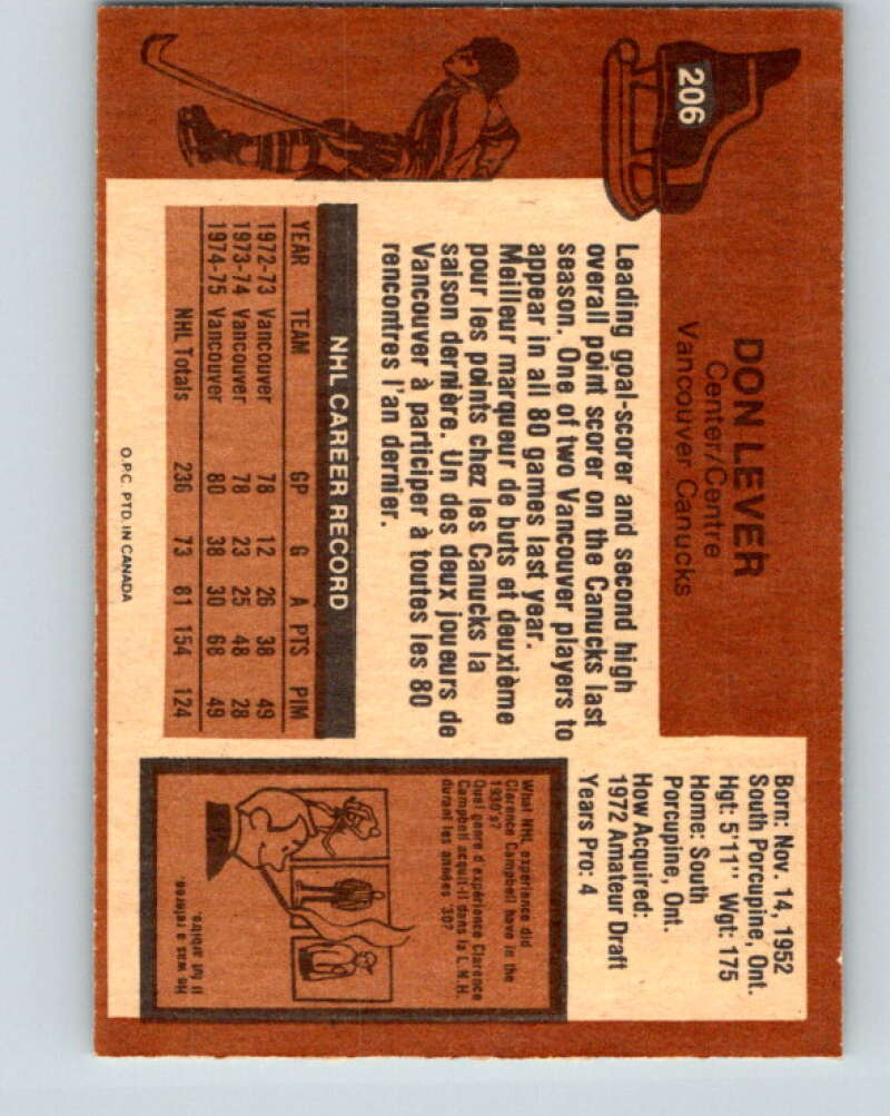 1975-76 O-Pee-Chee #206 Don Lever Vancouver Canucks V6069