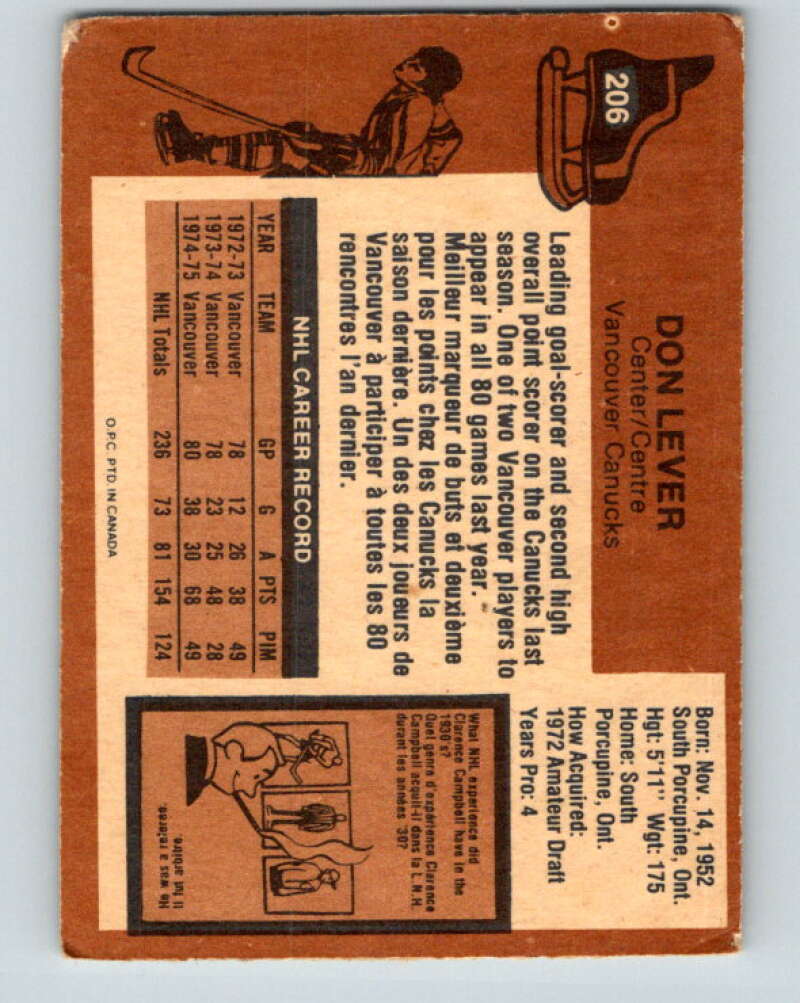 1975-76 O-Pee-Chee #206 Don Lever Vancouver Canucks V6070