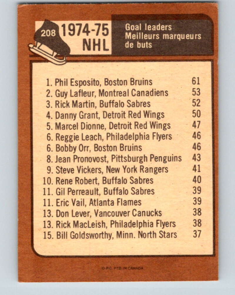 1975-76 O-Pee-Chee #208 Phil Esposito LL Boston Bruins V6077