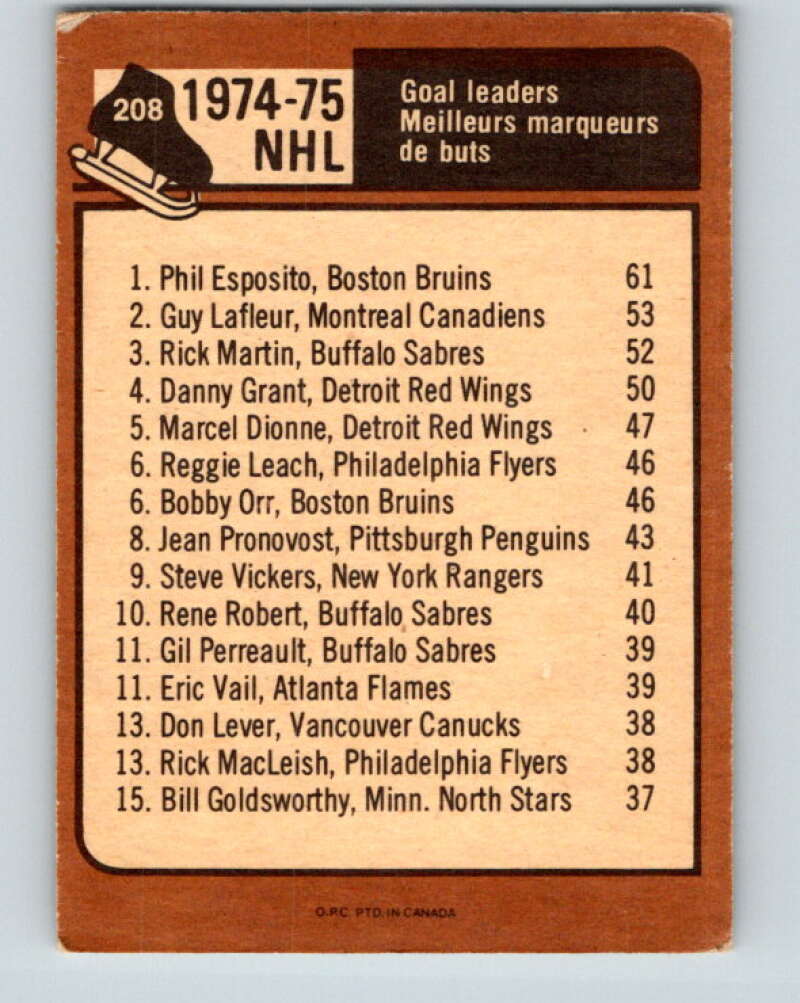 1975-76 O-Pee-Chee #208 Phil Esposito LL Boston Bruins V6079