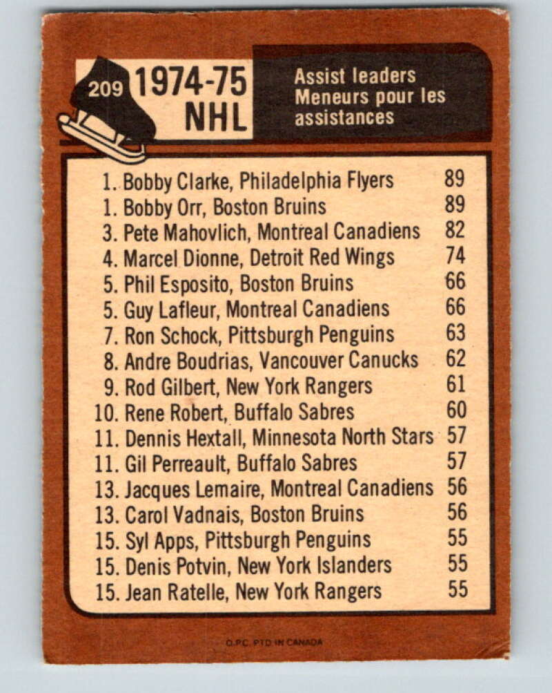 1975-76 O-Pee-Chee #209 Orr/Clarke LL Bruins/ Flyers V6085