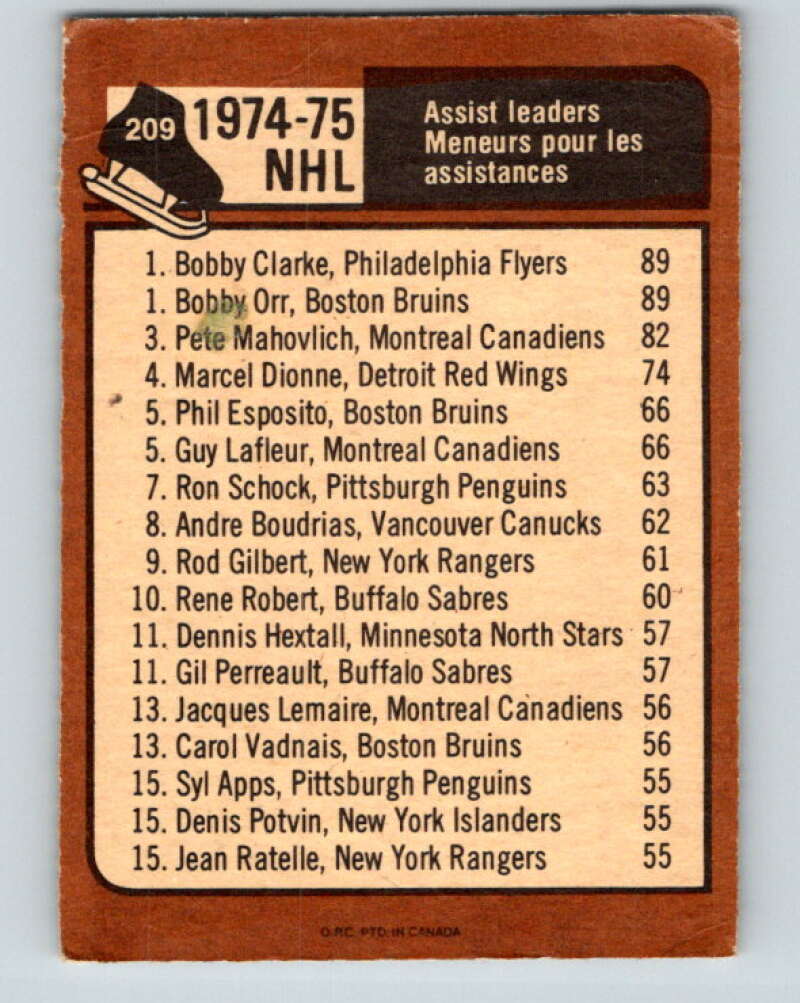 1975-76 O-Pee-Chee #209 Orr/Clarke LL Bruins/ Flyers V6086