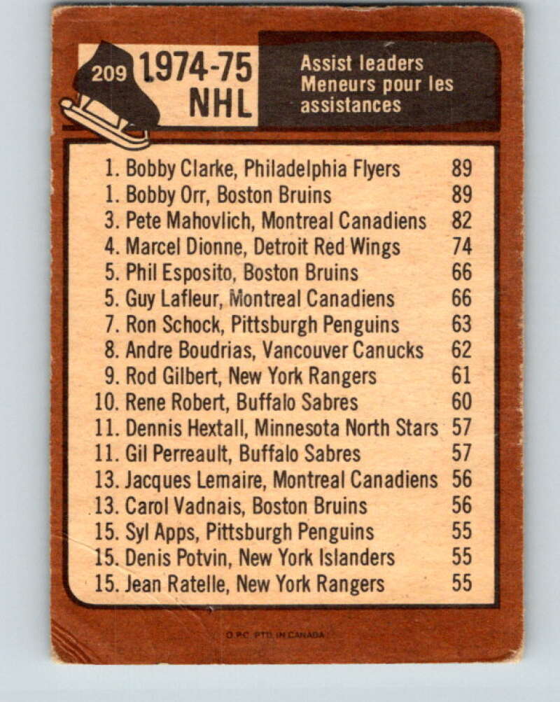 1975-76 O-Pee-Chee #209 Orr/Clarke LL Bruins/ Flyers V6087