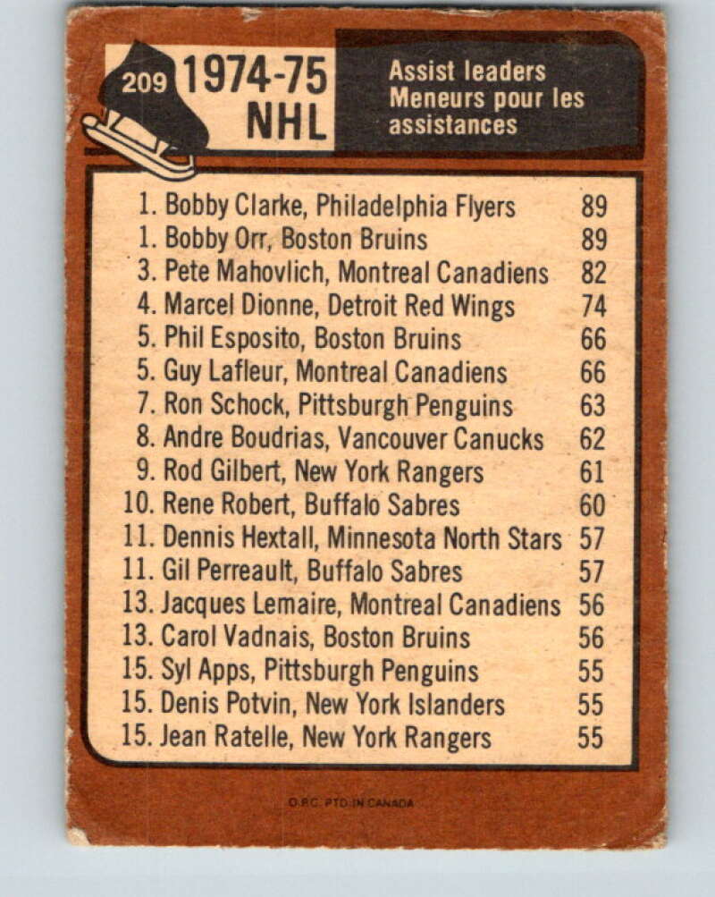 1975-76 O-Pee-Chee #209 Orr/Clarke LL Bruins/ Flyers V6088