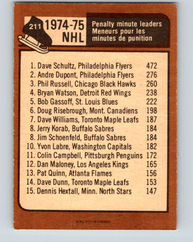 1975-76 O-Pee-Chee #211 Dave Schultz LL Philadelphia Flyers V6095