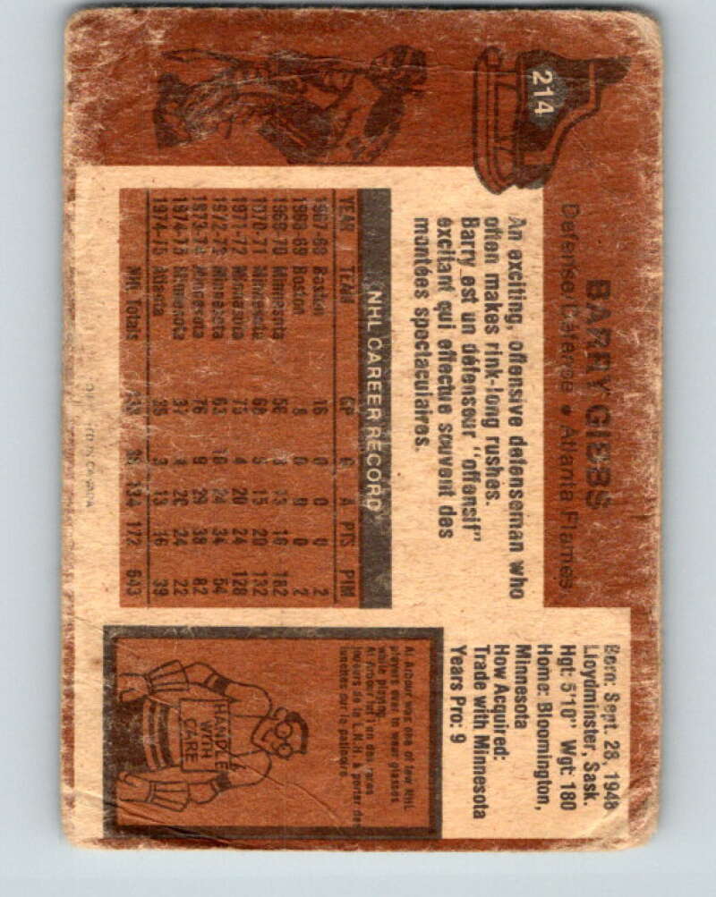 1975-76 O-Pee-Chee #214 Barry Gibbs Atlanta Flames V6107