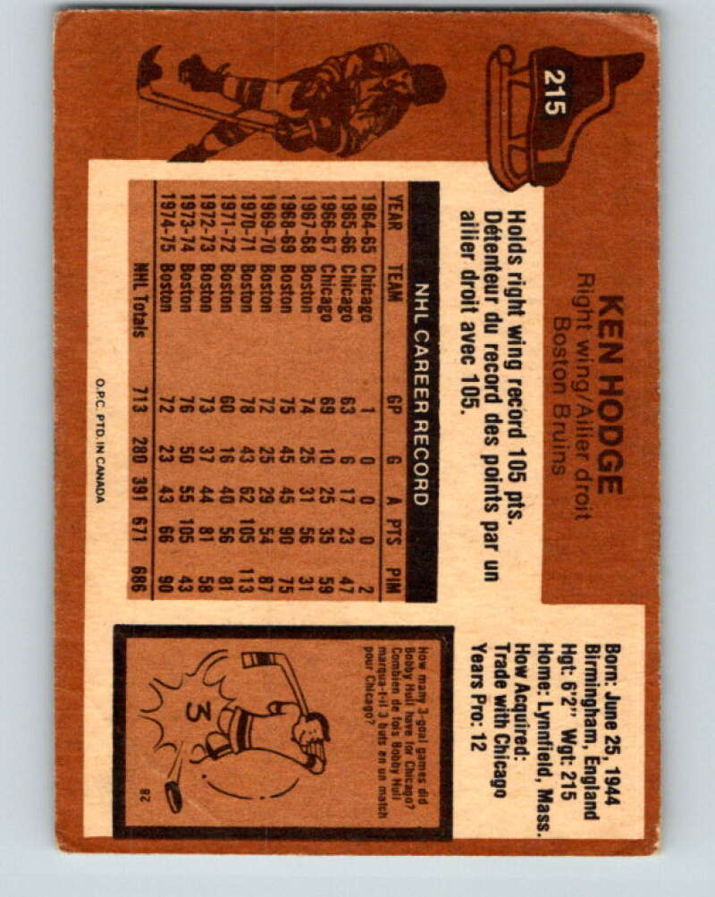 1975-76 O-Pee-Chee #215 Ken Hodge Boston Bruins V6109