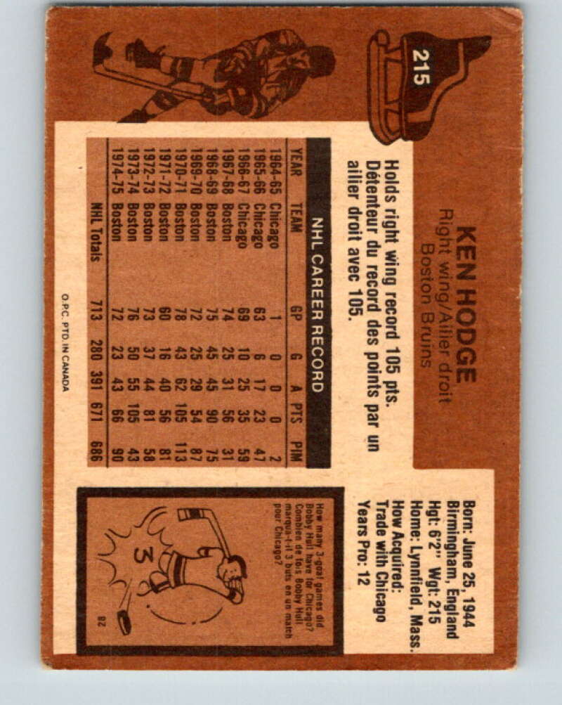 1975-76 O-Pee-Chee #215 Ken Hodge Boston Bruins V6110