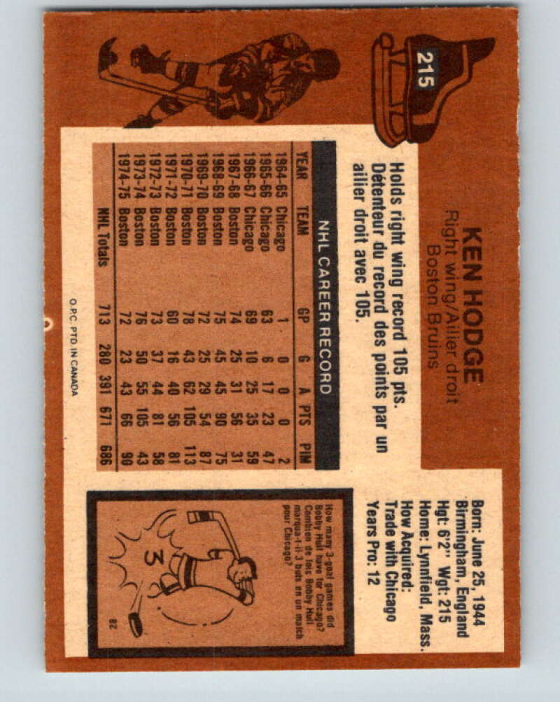 1975-76 O-Pee-Chee #215 Ken Hodge Boston Bruins V6112
