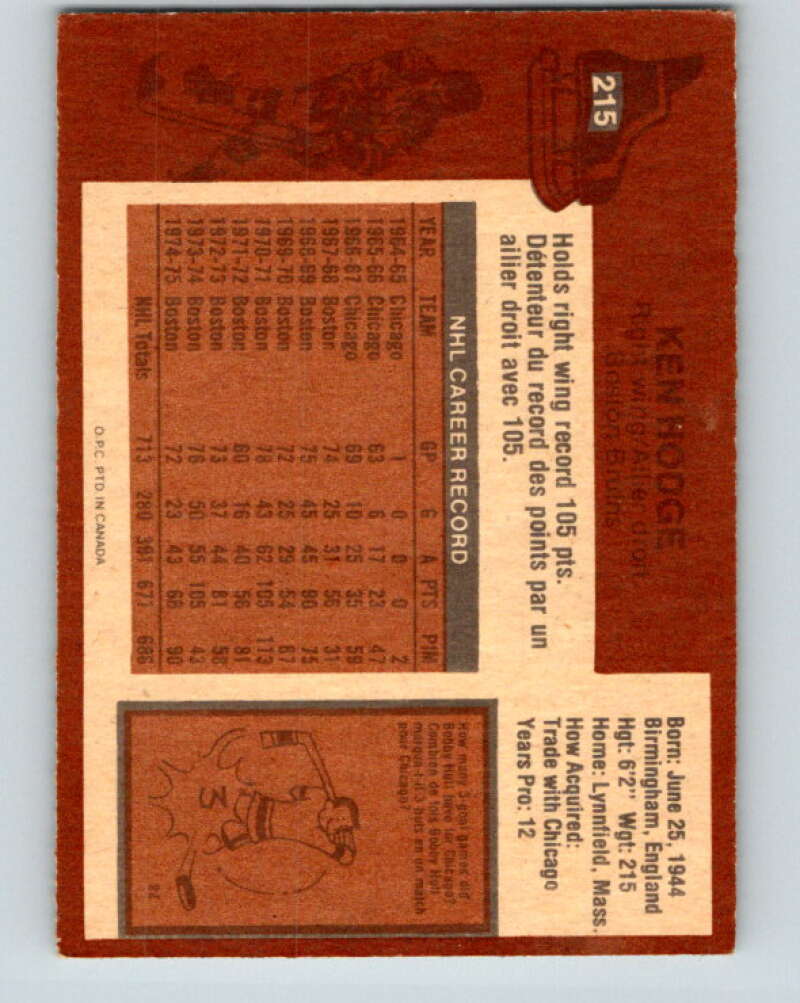 1975-76 O-Pee-Chee #215 Ken Hodge Boston Bruins V6113