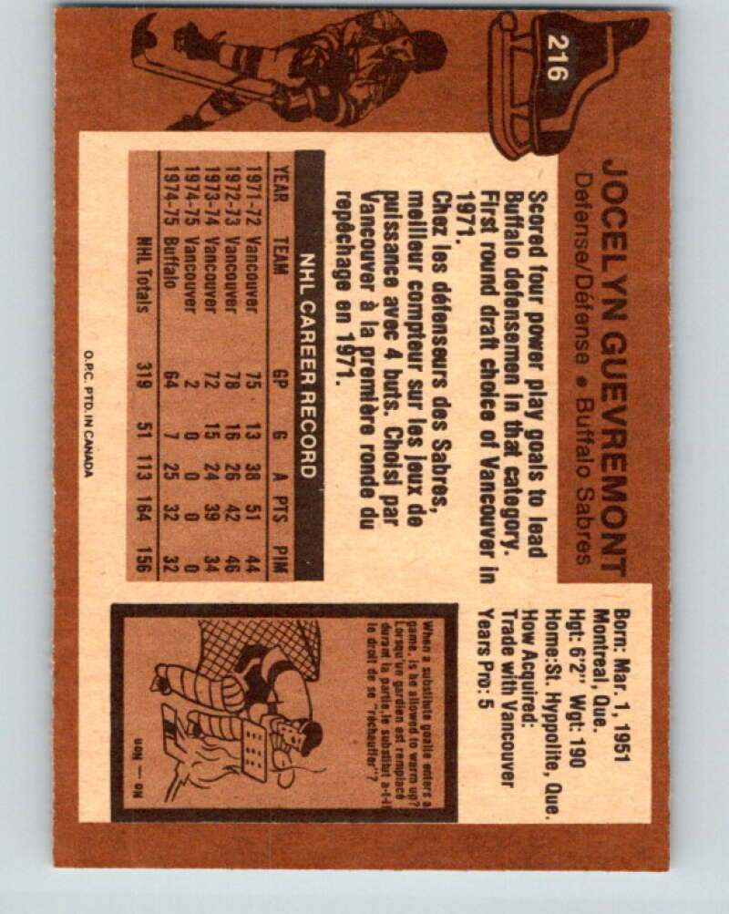 1975-76 O-Pee-Chee #216 Jocelyn Guevremont Buffalo Sabres V6116