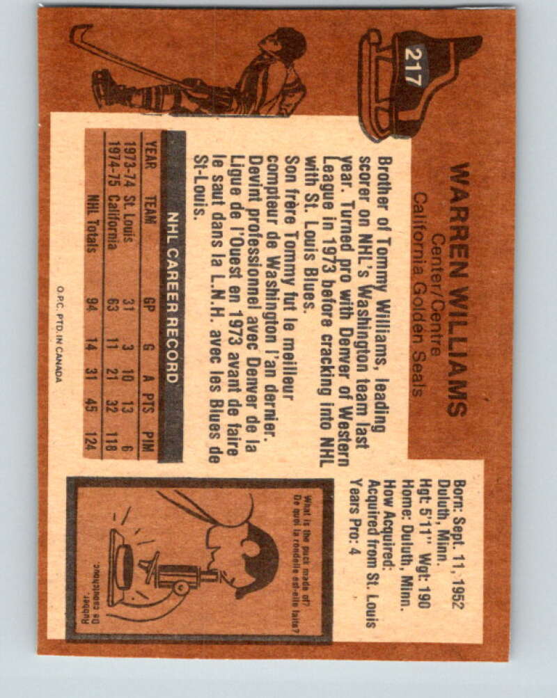 1975-76 O-Pee-Chee #217 Butch Williams RC Rookie California Golden Seals V6118